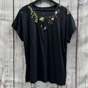 Lane Bryant NWT Black Floral Embroidered Mesh Neckline Short Sleeve Top